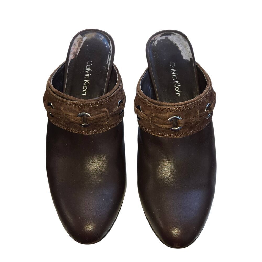 Calvin Klein Velma Women's Size 7M Brown Leather/Suede Embellished Mule